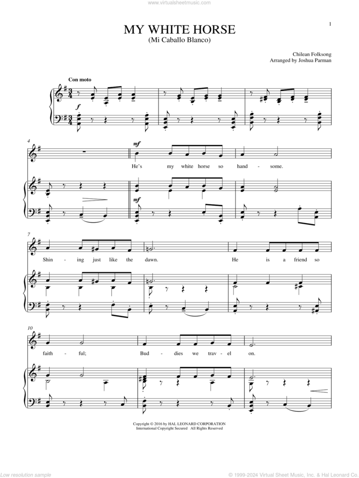 Mi Caballo Blanco (My White Horse) sheet music for voice and piano, intermediate skill level