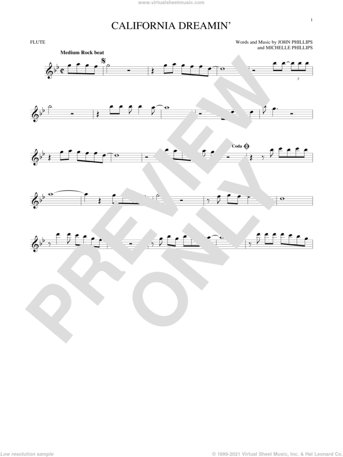 California Dreamin' sheet music for flute solo by The Mamas & The Papas, John Phillips and Michelle Phillips, intermediate skill level