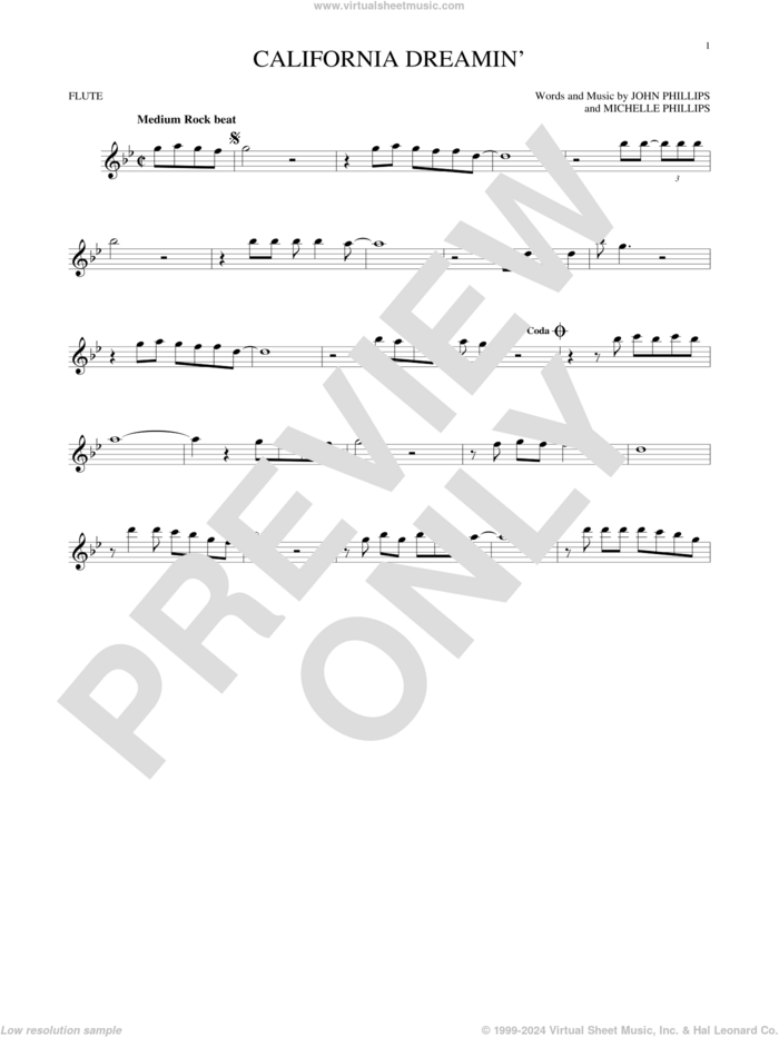 California Dreamin' sheet music for flute solo by The Mamas & The Papas, John Phillips and Michelle Phillips, intermediate skill level