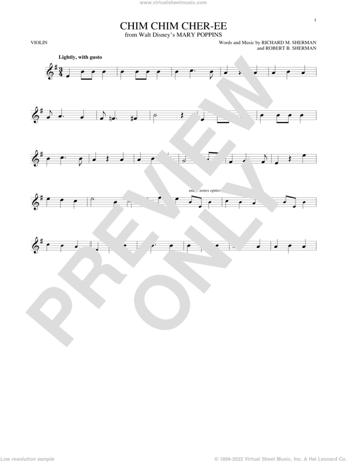 Chim Chim Cher-ee (from Mary Poppins) sheet music for violin solo by Dick Van Dyke, New Christy Minstrels, Sherman Brothers, Richard M. Sherman and Robert B. Sherman, intermediate skill level