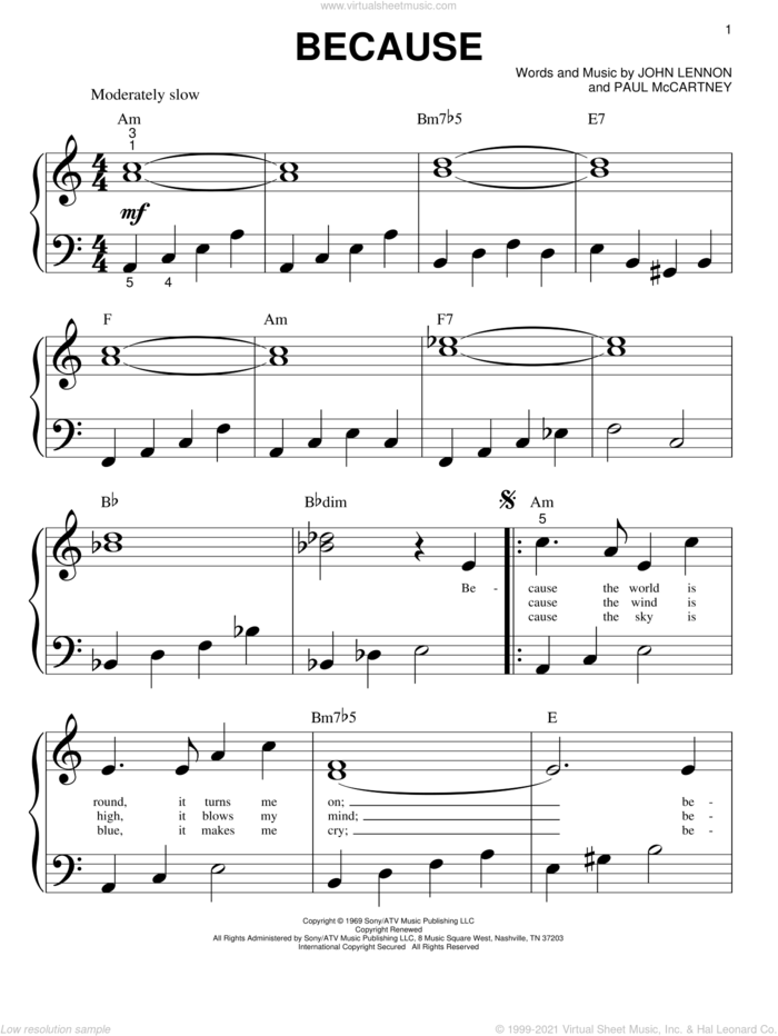 Because sheet music for piano solo (big note book) by The Beatles, John Lennon and Paul McCartney, wedding score, easy piano (big note book)