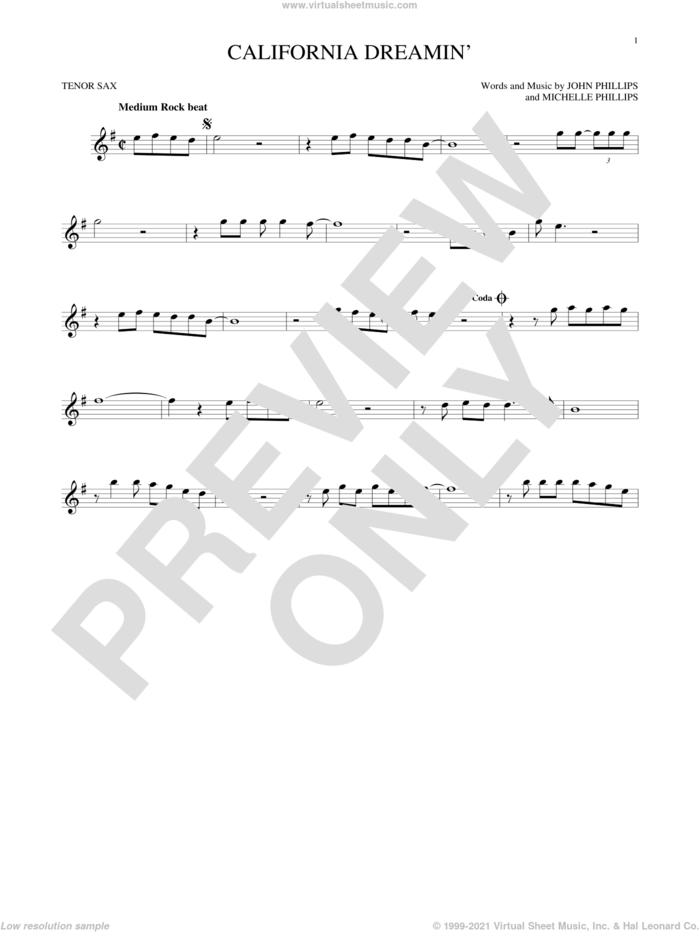California Dreamin' sheet music for tenor saxophone solo by The Mamas & The Papas, John Phillips and Michelle Phillips, intermediate skill level