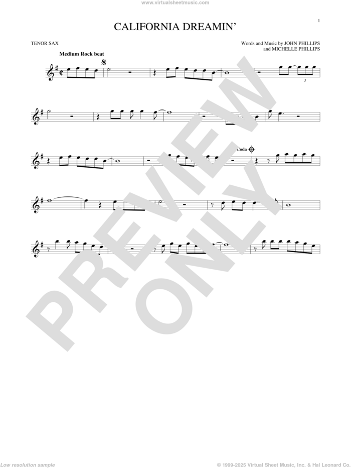 California Dreamin' sheet music for tenor saxophone solo by The Mamas & The Papas, John Phillips and Michelle Phillips, intermediate skill level