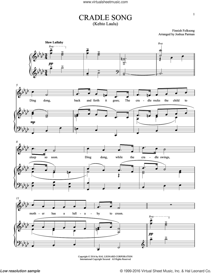 Kehto Laula (Cradle Song) sheet music for voice and piano by Finnish Folksong, intermediate skill level