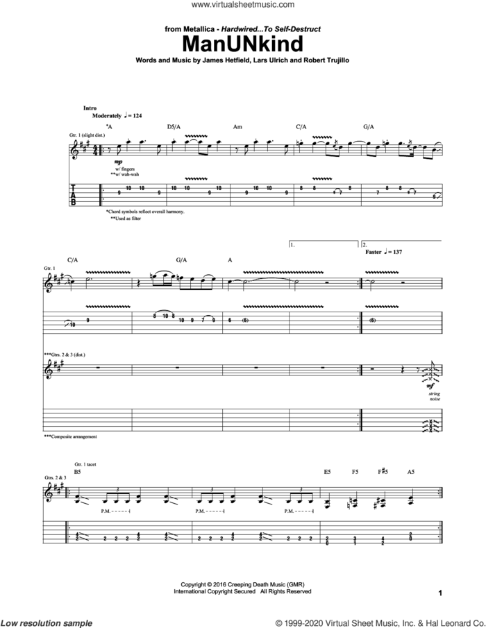 ManUNkind sheet music for guitar (tablature) by Metallica, James Hetfield, Lars Ulrich and Robert Trujillo, intermediate skill level