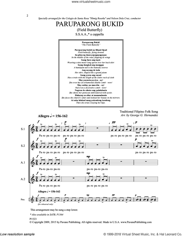 Paruparong Bukid sheet music for choir (SSAA: soprano, alto) by George G. Hernandez and Traditional Filipino Folk Song, intermediate skill level