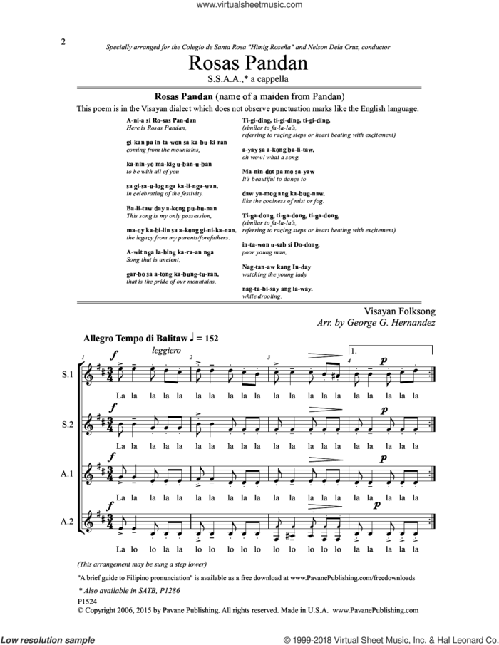 Rosas Pandan sheet music for choir (SSAA: soprano, alto) by George G. Hernandez and Visayan Folk Song, intermediate skill level