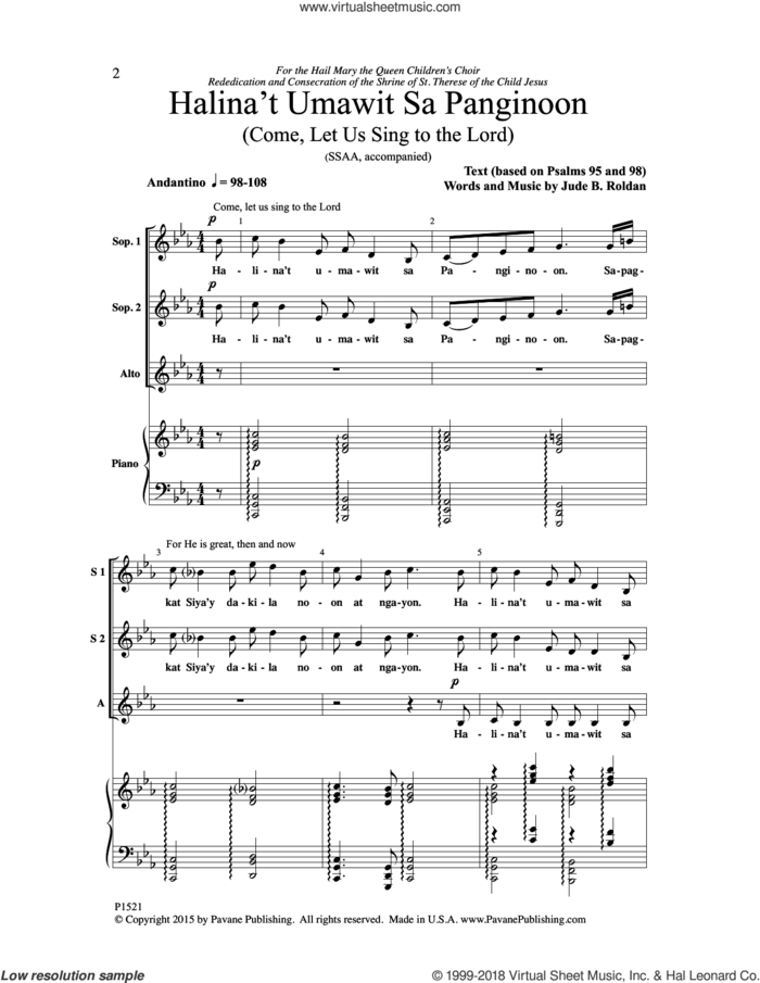 Halina't Umawit Sa Panginoon sheet music for choir (SSAA: soprano, alto) by Jude B. Roldan, intermediate skill level