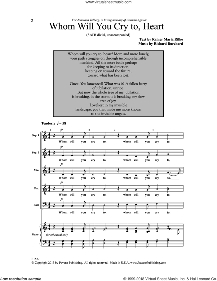 Whom Will You Cry To, Heart? sheet music for choir (SATB: soprano, alto, tenor, bass) by Rainer Maria Rilke and Richard Burchard, intermediate skill level