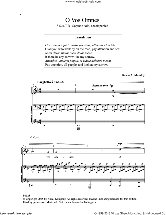 O Vos Omnes sheet music for choir (SSATB) by Kevin A. Memley, intermediate skill level