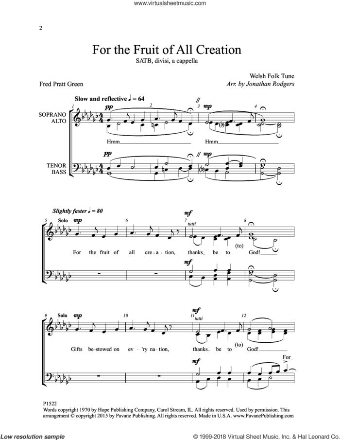 For the Fruit of All Creation sheet music for choir (SATB: soprano, alto, tenor, bass) by Jonathan Rodgers, Fred Pratt Green and Welsh Folk Tune, intermediate skill level
