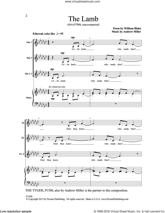 The Lamb sheet music for choir (SSAATTBB) by Andrew Miller and William Blake, intermediate skill level