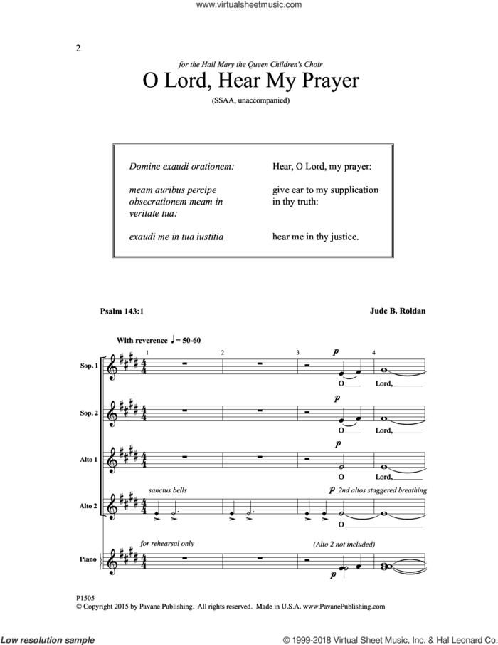 O Lord, Hear My Prayer sheet music for choir (SSAA: soprano, alto) by Jude Roldan and Psalm 143:1, intermediate skill level