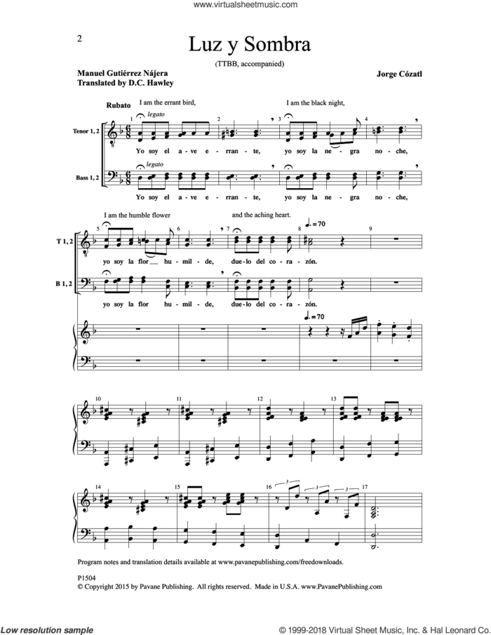 Luz y Sombra sheet music for choir (TTBB: tenor, bass) by Jorge Cozatl and Manuel Gutierrez Najera, intermediate skill level