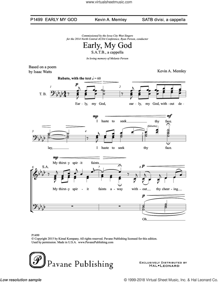 Early, My God sheet music for choir (SATB: soprano, alto, tenor, bass) by Kevin A. Memley and Isaac Watts, intermediate skill level