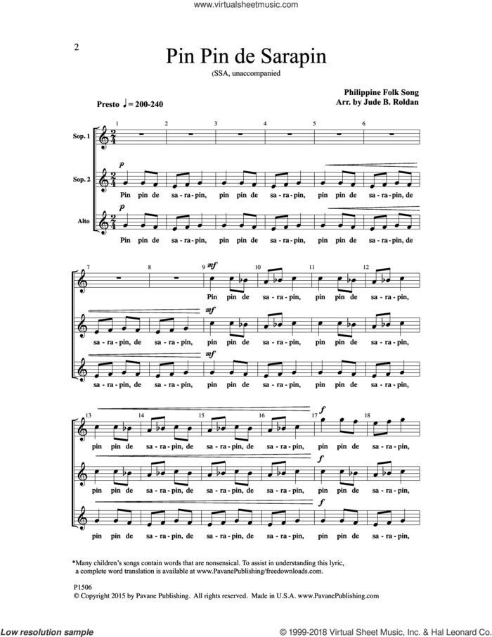 Pin Pin de Sarapin sheet music for choir (SSA: soprano, alto) by Jude B. Roldan and Philippine Folk Song, intermediate skill level