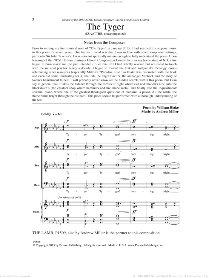 The Tyger sheet music for choir (SSAATTBB) by Andrew Miller and William Blake, intermediate skill level