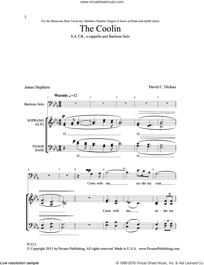 The Coolin sheet music for choir (SATB: soprano, alto, tenor, bass) by David C. Dickau and James Stephens, intermediate skill level