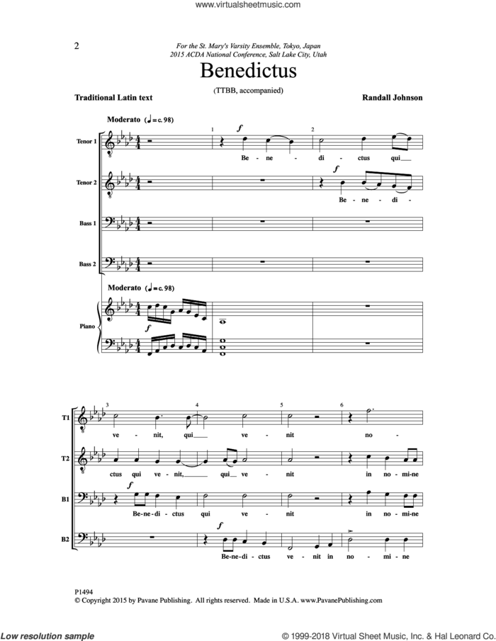Benedictus sheet music for choir (TTBB: tenor, bass) by Randall Johnson, intermediate skill level