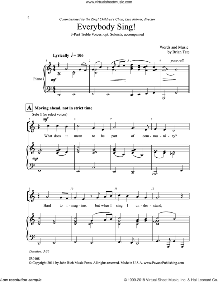 Everybody Sing! sheet music for choir (3-Part Treble) by Brian Tate, intermediate skill level