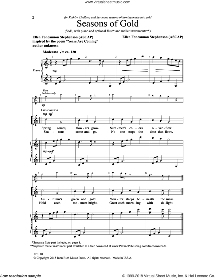 Seasons of Gold sheet music for choir (SAB: soprano, alto, bass) by Ellen Foncannon Stephenson, intermediate skill level