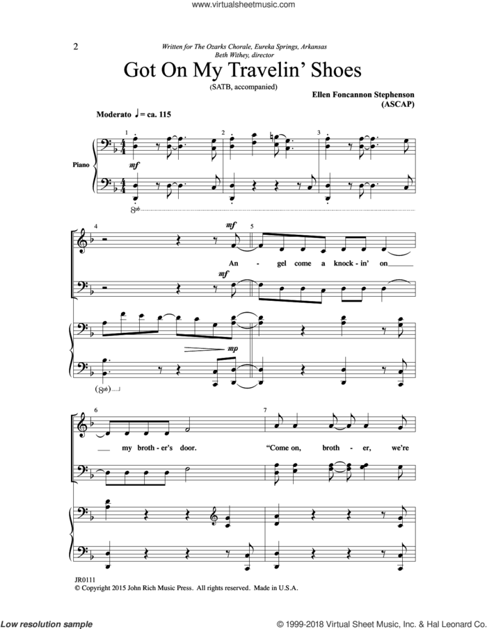 Got on My Travelin' Shoes sheet music for choir (SATB: soprano, alto, tenor, bass) by Ellen Foncannon Stephenson, intermediate skill level