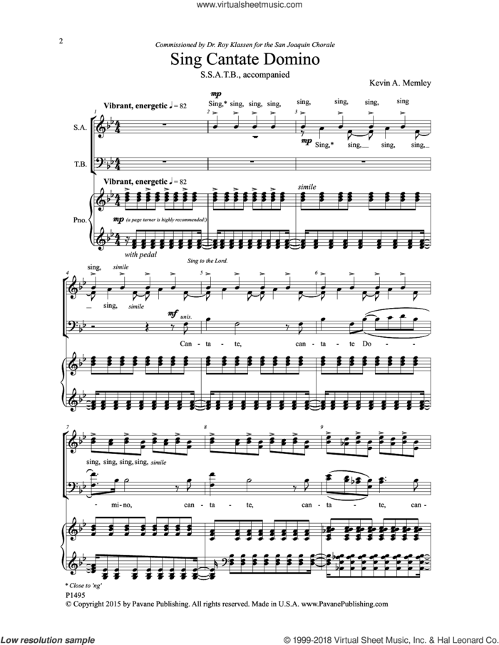 Sing Cantate Domino sheet music for choir by Kevin A. Memley, intermediate skill level