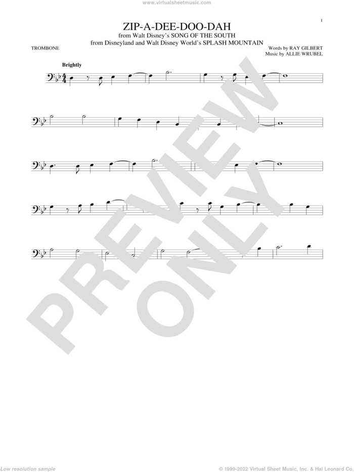 Zip-A-Dee-Doo-Dah (from Song Of The South) sheet music for trombone solo by James Baskett, Allie Wrubel and Ray Gilbert, intermediate skill level
