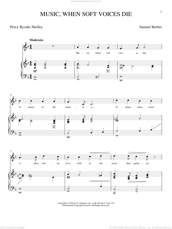 Music, When Soft Voices Die sheet music for voice and piano by Samuel Barber and Joan Frey Boytim, classical score, intermediate skill level