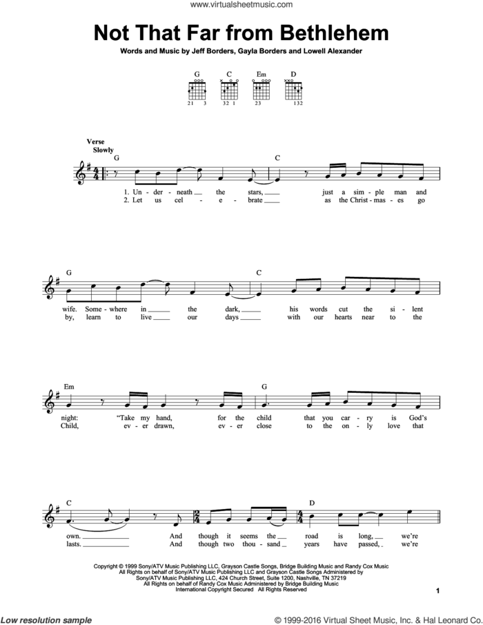 Not That Far From Bethlehem sheet music for guitar solo (chords) by Point Of Grace, Gayla Borders, Jeff Borders and Lowell Alexander, easy guitar (chords)