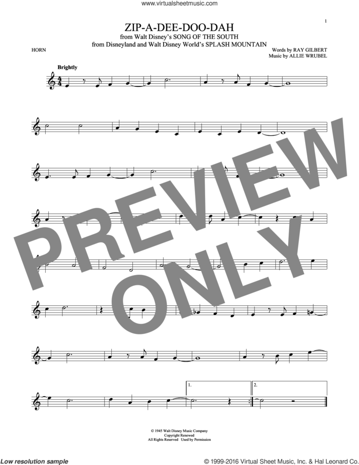 Zip-A-Dee-Doo-Dah (from Song Of The South) sheet music for horn solo by James Baskett, Allie Wrubel and Ray Gilbert, intermediate skill level
