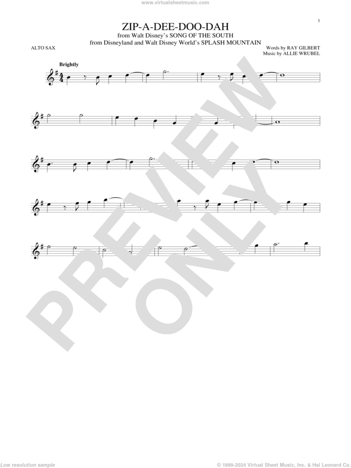 Zip-A-Dee-Doo-Dah (from Song Of The South) sheet music for alto saxophone solo by James Baskett, Allie Wrubel and Ray Gilbert, intermediate skill level