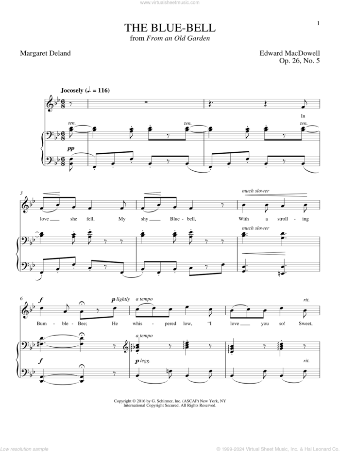 The Blue-Bell sheet music for voice and piano by Edward MacDowell, Joan Frey Boytim and Margaret Deland, classical score, intermediate skill level