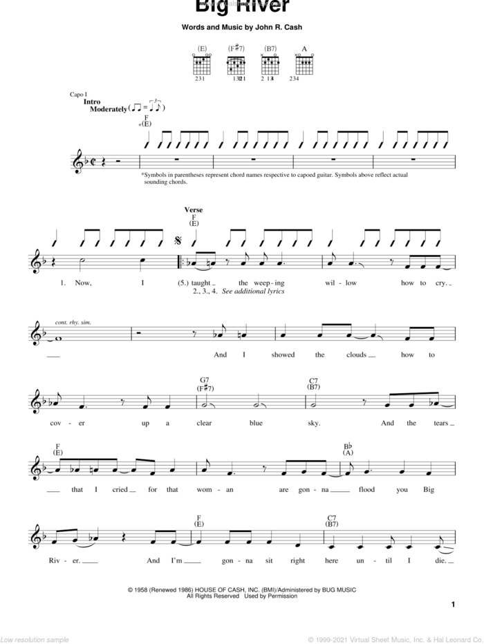 Big River sheet music for guitar solo (chords) by Johnny Cash, easy guitar (chords)