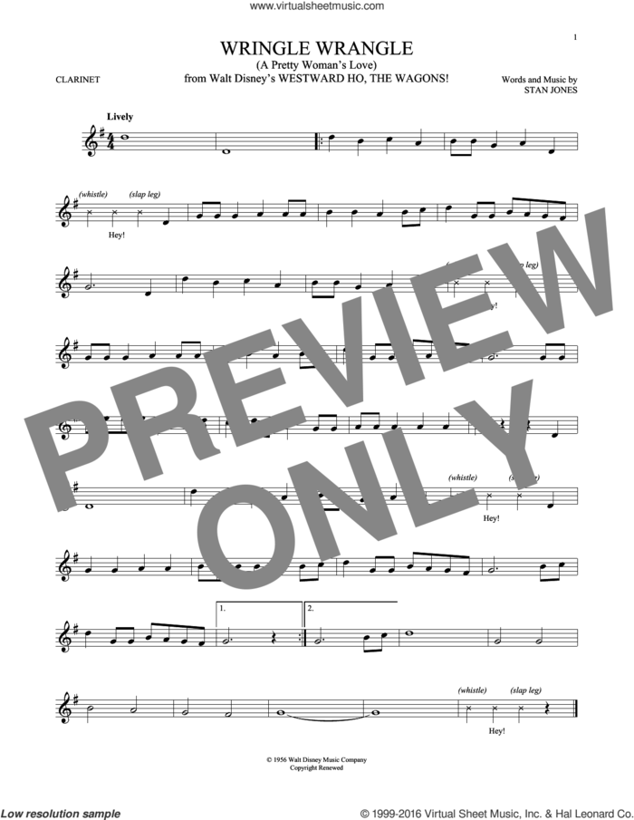 Wringle Wrangle (A Pretty Woman's Love) sheet music for clarinet solo by Fess Parker and Stan Jones, intermediate skill level