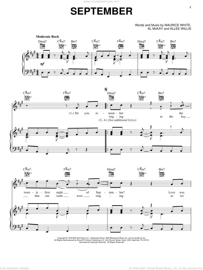 September sheet music for voice, piano or guitar by Earth, Wind & Fire, Al McKay, Allee Willis and Maurice White, intermediate skill level