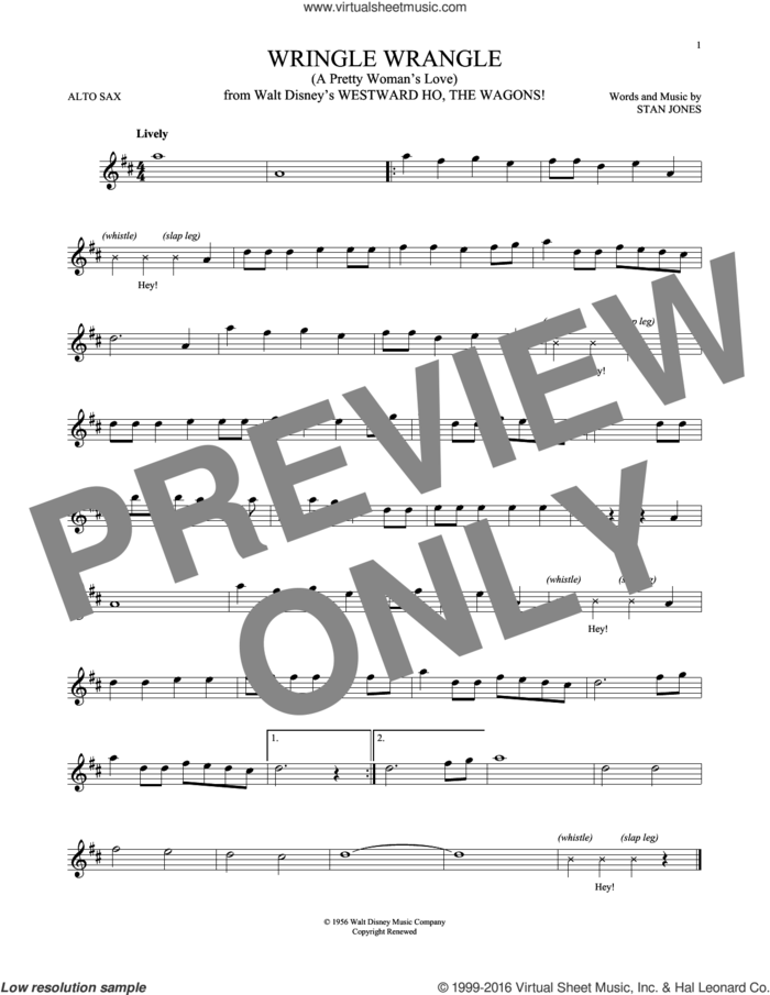 Wringle Wrangle (A Pretty Woman's Love) sheet music for alto saxophone solo by Fess Parker and Stan Jones, intermediate skill level
