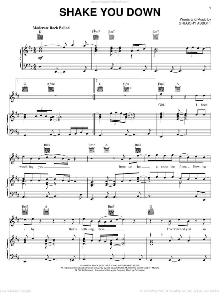 Shake You Down sheet music for voice, piano or guitar by Gregory Abbott, intermediate skill level