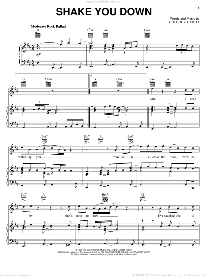 Shake You Down sheet music for voice, piano or guitar by Gregory Abbott, intermediate skill level