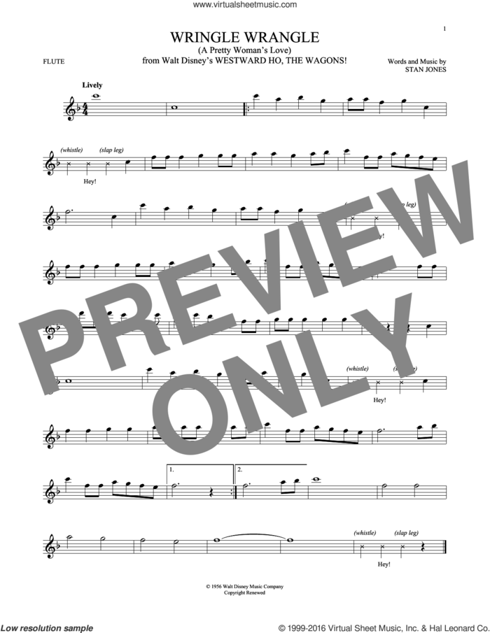 Wringle Wrangle (A Pretty Woman's Love) sheet music for flute solo by Fess Parker and Stan Jones, intermediate skill level