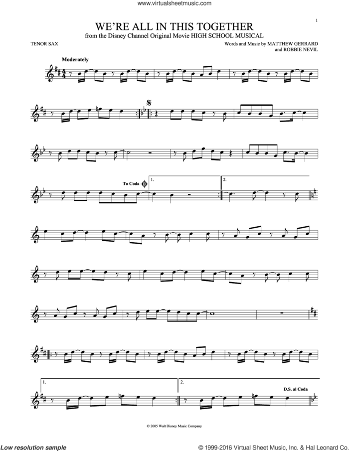 We're All In This Together (from High School Musical) sheet music for tenor saxophone solo by Matthew Gerrard, High School Musical Cast and Robbie Nevil, intermediate skill level