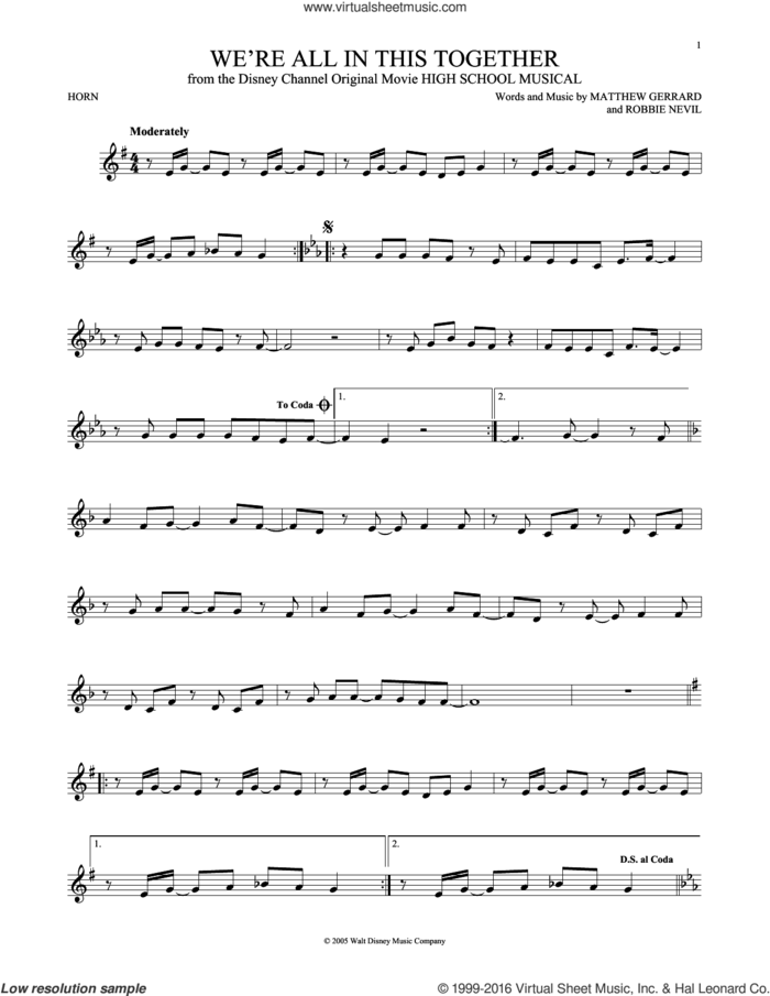 We're All In This Together (from High School Musical) sheet music for horn solo by Matthew Gerrard, High School Musical Cast and Robbie Nevil, intermediate skill level