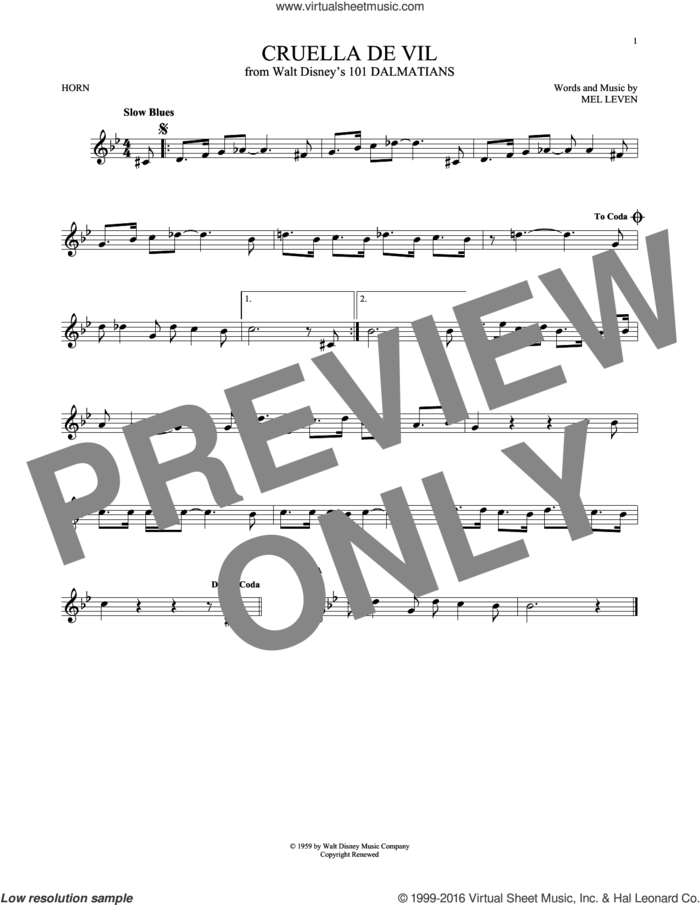 Cruella De Vil (from 101 Dalmations) sheet music for horn solo by Mel Leven, intermediate skill level
