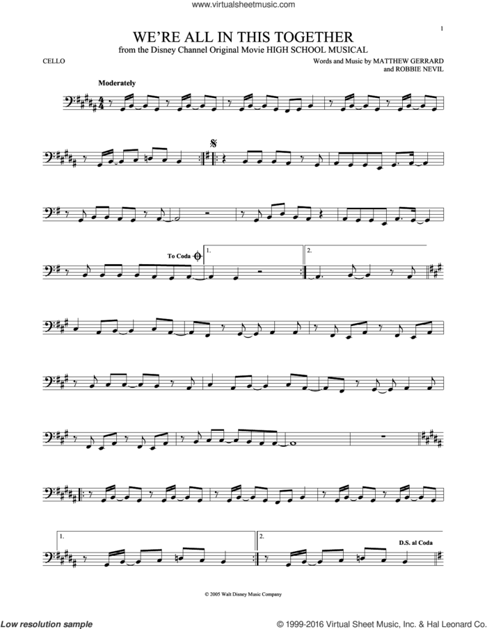 We're All In This Together (from High School Musical) sheet music for cello solo by Matthew Gerrard, High School Musical Cast and Robbie Nevil, intermediate skill level
