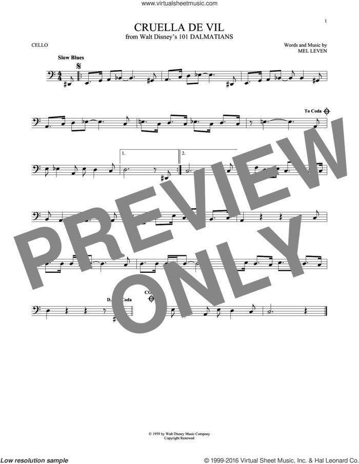 Cruella De Vil (from 101 Dalmations) sheet music for cello solo by Mel Leven, intermediate skill level