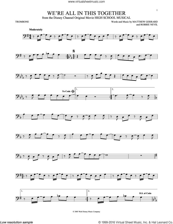 We're All In This Together (from High School Musical) sheet music for trombone solo by Matthew Gerrard, High School Musical Cast and Robbie Nevil, intermediate skill level