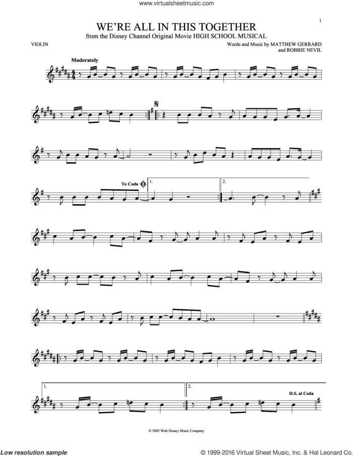 We're All In This Together (from High School Musical) sheet music for violin solo by Matthew Gerrard, High School Musical Cast and Robbie Nevil, intermediate skill level