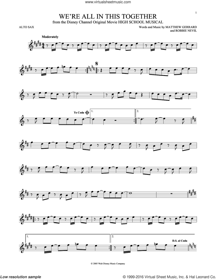 We're All In This Together (from High School Musical) sheet music for alto saxophone solo by Matthew Gerrard, High School Musical Cast and Robbie Nevil, intermediate skill level