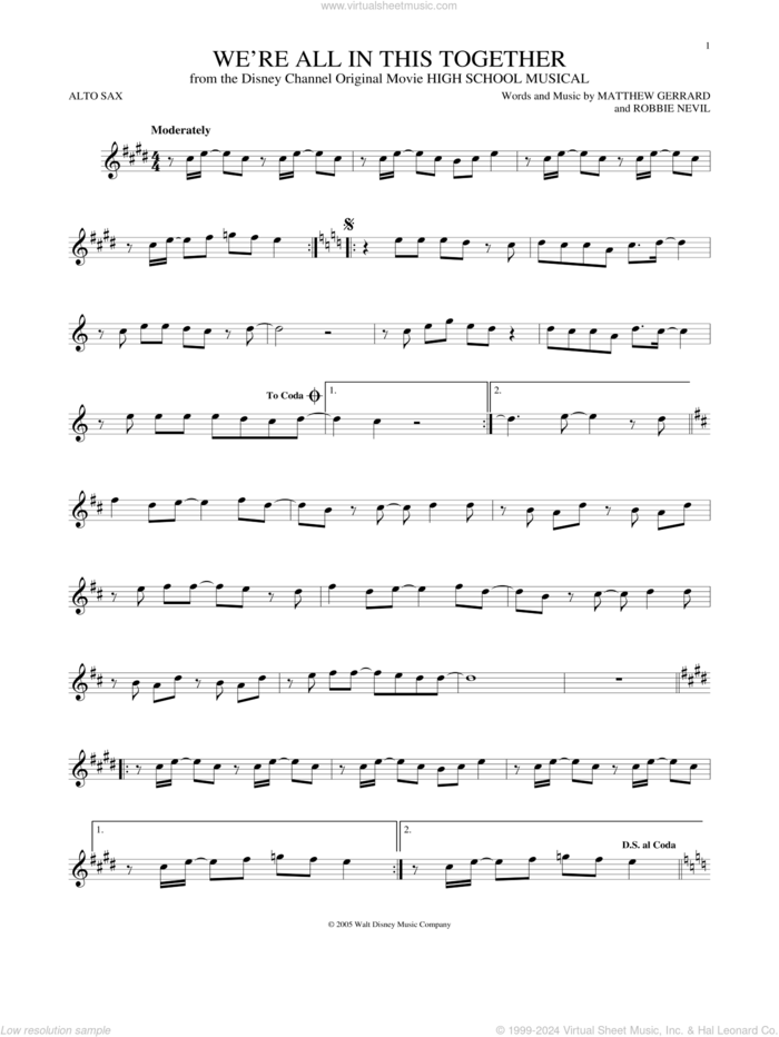 We're All In This Together (from High School Musical) sheet music for alto saxophone solo by Matthew Gerrard, High School Musical Cast and Robbie Nevil, intermediate skill level