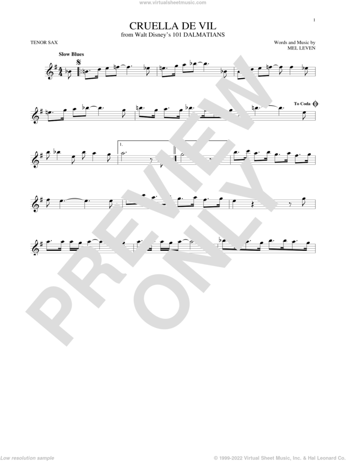 Cruella De Vil (from 101 Dalmations) sheet music for tenor saxophone solo by Mel Leven, intermediate skill level